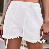 Damen Denim-Shorts mit elastischem Bund, Kordelzug und ausgefranstem Saum – Weiß