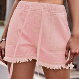Damen Denim-Shorts mit elastischem Bund, Kordelzug und ausgefranstem Saum – Rosa
