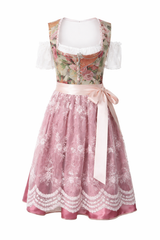 Damen Dirndl Kleid mit Blütenmuster, Frontverschluss und Spitzenschürze – Blumenmuster