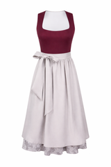 Damen Dirndl Kleid mit breitem Trägeransatz, Taillenband und Spitzenrock – Dunkelrot