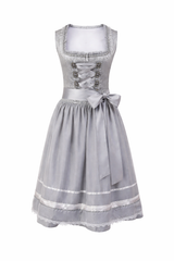 Damen Dirndl Kleid mit eckigem Ausschnitt, Schnürung und Taillenband – Grau