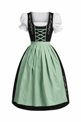 Damen Dirndl Kleid mit Kontrastschürze, Stickdetail und Rückenschleife – Hellgrün