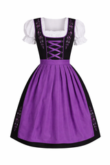 Damen Dirndl Kleid mit Kontrastschürze, Stickdetail und Rückenschleife – Lila
