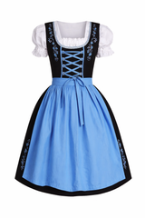 Damen Dirndl Kleid mit Kontrastschürze, Stickdetail und Rückenschleife – Blau