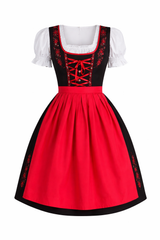 Damen Dirndl Kleid mit Kontrastschürze, Stickdetail und Rückenschleife – Rot