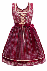 Damen Dirndl Kleid mit Punktmuster, Zierschnürung und Taillenschleife – Bordeaux