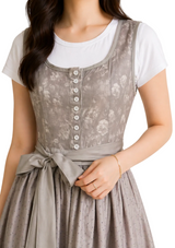 Damen Dirndl Kleid mit Reißverschluss, Spitzenärmeln und Taillenband – Grau