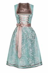 Damen Dirndl Kleid mit Spitzenüberrock, Schnürleiste und Zierösen – Hellblau