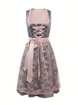Damen Dirndl Kleid mit Spitzenüberrock, Schnürleiste und Zierösen – Grau