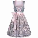 Damen Dirndl Kleid mit Stehkragen, Schnürfront und Spitzenüberlage – Hellblau