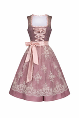Damen Dirndl Kleid mit Stehkragen, Schnürfront und Spitzenüberlage – Rosa