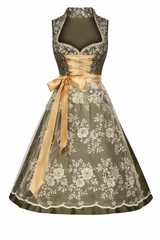 Damen Dirndl Kleid mit Stehkragen, Schnürfront und Spitzenüberlage – Dunkelgrün