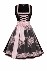 Damen Dirndl Kleid mit Stehkragen, Schnürfront und Spitzenüberlage – Schwarz