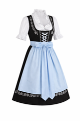 Damen Dirndl Kleid mit Stickerei, Schnürung und Schürzenband – Schwarz