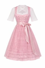 Damen Dirndl Kleid mit Zierkette, Schnürfront und bestickter Schürze – Rosa