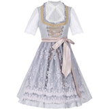 Damen Dirndl Kleid mit Zierkette, Schnürfront und bestickter Schürze – Hellgrau
