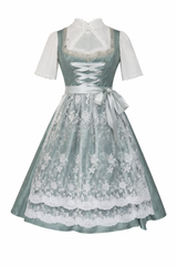 Damen Dirndl Kleid mit Zierkette, Schnürfront und bestickter Schürze – Hellblau