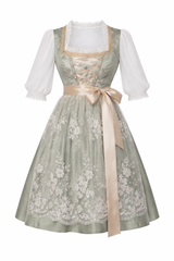 Damen Dirndl Kleid mit Zierkette, Schnürfront und bestickter Schürze – Hellgrün