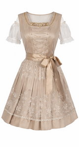 Damen Dirndl Kleid mit Zierkette, Schnürfront und bestickter Schürze – Gold