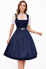 Damen Dirndl Set mit Stehkragenbluse, Taillenapplikation und Rockteil – Blau