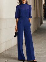 Damen Dreiteiliges Set mit Transparentem Oberteil und Weiter Hose – Marineblau