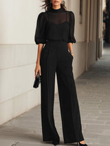 Damen Dreiteiliges Set mit Transparentem Oberteil und Weiter Hose – Schwarz