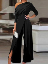 Damen Ein-Schulter Jumpsuit mit Weitem Bein und Schlitz – Schwarz