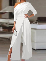 Damen Ein-Schulter Jumpsuit mit Weitem Bein und Schlitz – Weiß