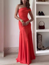 Damen Ein-Schulter Maxikleid mit gerafftem Oberteil und ausgestelltem Rockteil – Orange