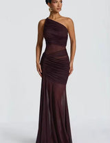 Damen Einschulter Maxikleid mit geraffter Oberfläche und durchsichtigen Einsätzen mit ausgestelltem Saum – Braun