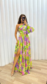 Damen Einschulter-Maxikleid mit Puffärmel und Seitenschlitz mit Blumenmuster – Gelb