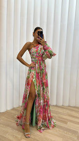 Damen Einschulter-Maxikleid mit Puffärmel und Seitenschlitz mit Blumenmuster – Rosa