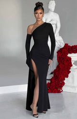 Damen Einschultriges Maxi Kleid mit langem Ärmel und Beinschlitz – Schwarz