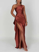 Damen Einschultriges Maxikleid mit Seitenschlitz und Raffung an der Taille – Rostrot
