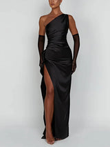 Damen Einschultriges Maxikleid mit Seitenschlitz und Raffung an der Taille – Schwarz