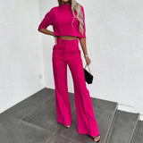 Damen elegantes zweiteiliges Set mit Crop Top und Hose mit weitem Bein – Fuchsia
