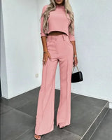 Damen elegantes zweiteiliges Set mit Crop Top und Hose mit weitem Bein – Rosa