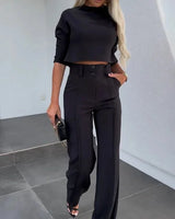 Damen elegantes zweiteiliges Set mit Crop Top und Hose mit weitem Bein – Schwarz