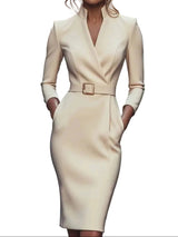Damen Etuikleid mit V-Ausschnitt und Gürtel – Beige