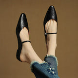 Damen Flache Schuhe mit Spitze, Riemen und Schnallenverschluss – Schwarz