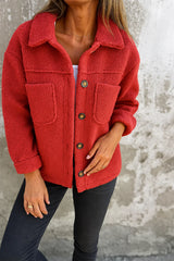 Damen Fleecejacke mit Knopfverschluss und Brusttaschen – Rot