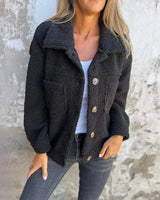 Damen Fleecejacke mit Knopfverschluss und Brusttaschen – Schwarz