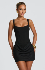 Damen Gerafftes Minikleid mit Karree-Ausschnitt und breiten Trägern – Schwarz