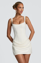 Damen Gerafftes Minikleid mit Karree-Ausschnitt und breiten Trägern – Weiß