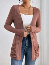 Damen Gerippte Langarm Strickjacke mit offener Front und gerafften Fronttaschen – Altrosa