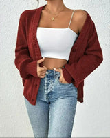 Damen Gerippte Strickjacke mit V-Ausschnitt Knopfverschluss und Ballonärmeln – Dunkelrot