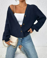 Damen Gerippte Strickjacke mit V-Ausschnitt Knopfverschluss und Ballonärmeln – Marineblau
