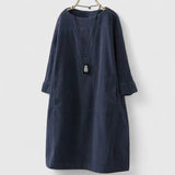 Damen Geripptes Rundhals-Midikleid mit Dreiviertelärmeln und Fronttaschen – Marineblau