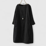 Damen Geripptes Rundhals-Midikleid mit Dreiviertelärmeln und Fronttaschen – Schwarz
