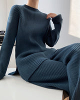 Damen Geripptes Strick Set mit Stehkragen Pullover und Hose mit Weitem Bein – Blau
